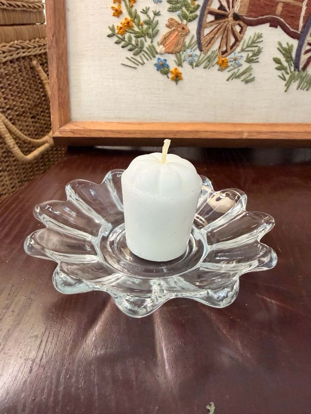 Vintage Clear Pressed Glass Scalloped Candle Holder Made In USA Trinket Dish